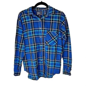 Quizz New York Men's M Blue Plaid Flannel‎ Button-Up Shirt Long Sleeve